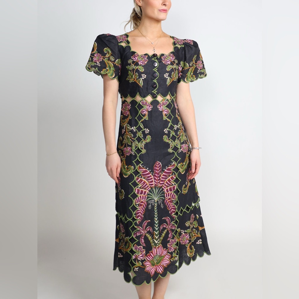 FARM Rio Ravenela Floral Embroidered Black Linen Midi Dress Women's Small NWT - Picture 2 of 16